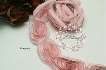 Pale pink chiffon rosette trim with Black edges (6.5 cm) - Pack of 6